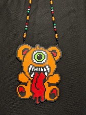    New Orange Subtronics Cyclops Bear Kandi Perler Stretch Necklace Rave Plur DJ