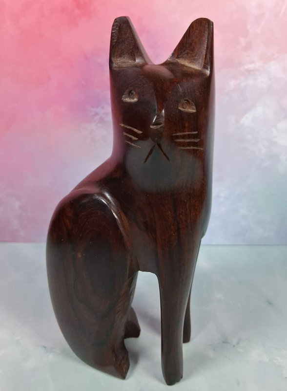 Vintage Wooden Kitty Hand Carved Mid Century Modern Sitting Wood Cat Figurine