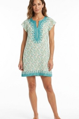 Calypso St Barth Rowena Tunic Dress Kaftan Split V Neck Size Med Green Paisley