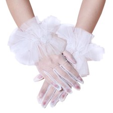 Women's Ruffled Tulle Mesh Gloves - Wedding  Bridal Short Tea Party White-1