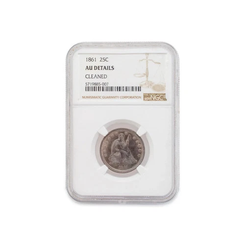 1861 NGC AU Details-Cleaned Silver 25C Seated Liberty Coin