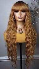 New Long Wavy 27 30 Blonde Human Hair Blend Full Cap Wig Bangs Style Womens Wigs