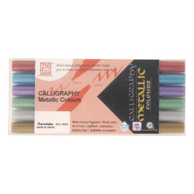 Kuretake Calligraphy Marker Pens Metallic 6 Colors set, 2mm & 3.5mm Dual Tip ...