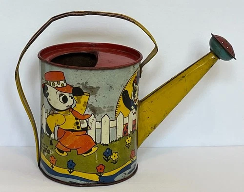 Vintage Ohio Art Tin Litho Child’s Watering Can Panda Bears Enjoying the Day