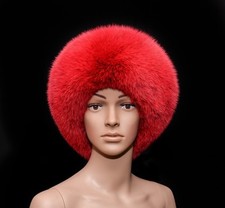 Saga Furs Volcano Red Blue Fox Fur Classic Handmade Beret Beanie Hat