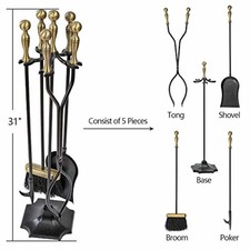 5 Pieces Fireplace Tools Sets Brass Handles Wrought Iron Fire