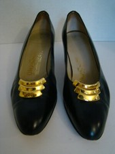 Salvatore Ferragamo Black Pumps With Gold Trim 7 1/2 AA