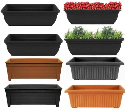 Set Of 2 Trough Plant Pot Long Plastic Planter Outdoor Garden Window Herb Flower