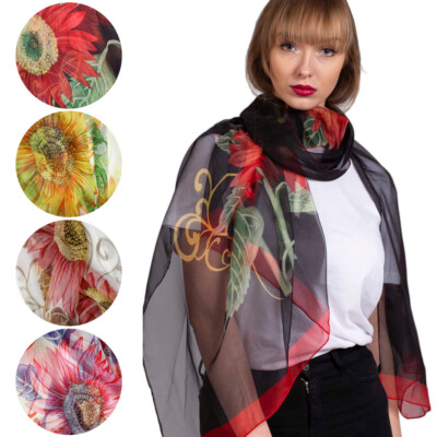 NEU Damen Sonnenblume Blumenmuster Seide Chiffon Schal Halstuch groß hell UK