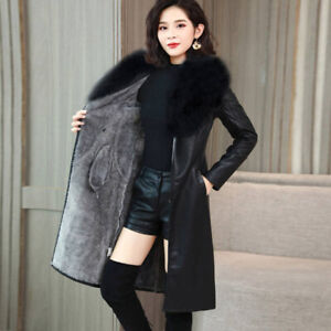 Keaac Womens Winter Thicken Faux Fur Collar PU Leather Short Slim Jacket Outwear 