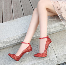 Women Sequins Super High Heel Pointy Toe Party Stiletto Buckle Ankle Strap Shoes