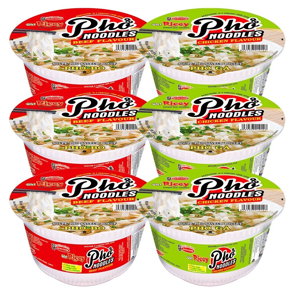 Acecook Vietnamese PHO Chicken & Beef Flavor Instant Rice Noodles Bowl (6 Bowls)
