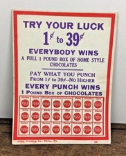 Vintage Try Your Luck 1¢ To 39¢ Chocolates Gambling Lotto 24 Hole Punch Board