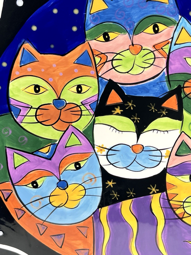 Milson Louis Abstract Cat Faces Platter 16" Black White Dot Rim Handpainted Dish - Picture 4 of 8