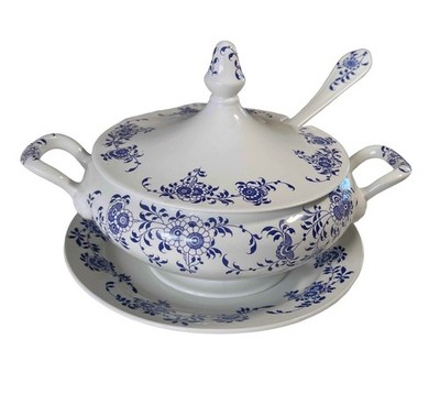 Diamonstone Laveno Italy Vintage Soup Tureen with Ladle and Plate White and Blue