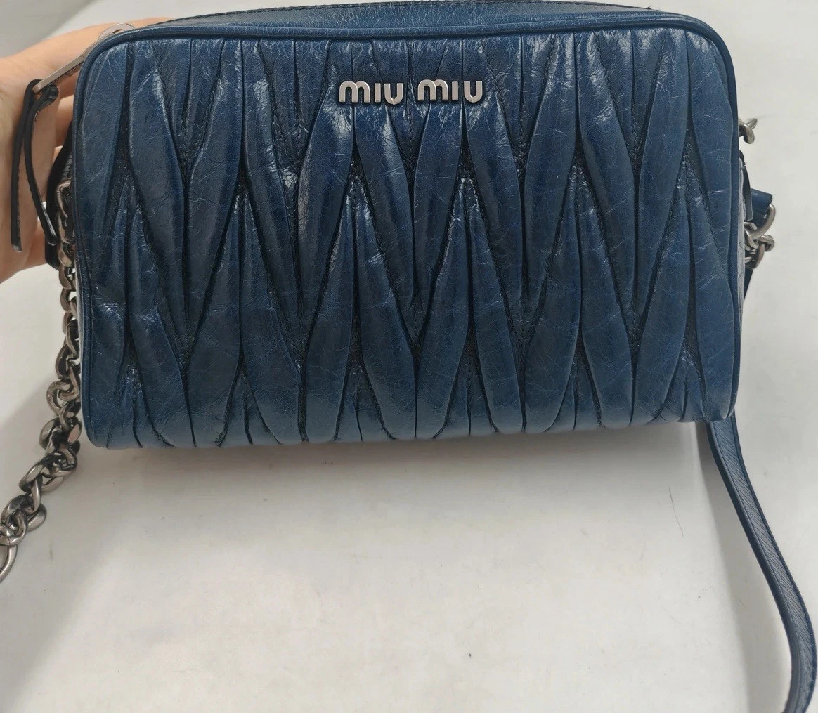 Miu Miu — Miu Miu Blue Shoulder Bag Matelasse Finish Zip Closure Silver Hardware