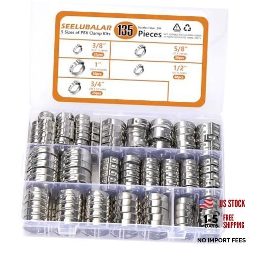 135 PCS PEX Crimp Rings Assortment Kit, 304 3/8",1/2",3/4",5/8",1"- 135PCS