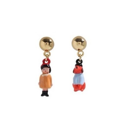 LES NEREIDES Paris Asymmetrical little girl & dachshund Enamel Drop Earrings