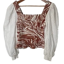 Anthropologie Love The Label Blouse Womens Small Smocked Eyelet Puff Sleeve