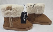 Bebe Girls Tan Winter Boots White Faux Fur Trim Rhinestones Kids Sz 13, MSRP 52