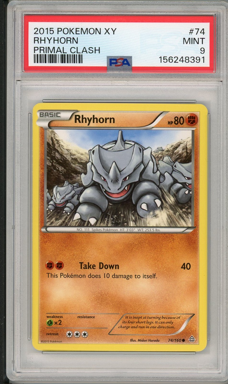 2015 Pokemon SWSH Primal Clash Rhyhorn #74 PSA 9 Pop 1