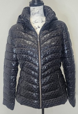 New Michael Kors Women Packable Quilted Puffer Jacket Black Signature Logo Sz M