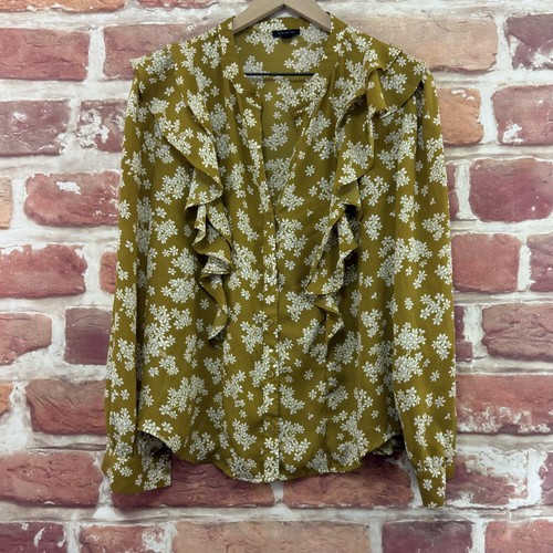 Ann Taylor Top Womens Large Mustard Brown White Chic Garden Floral Ruffle Shirt