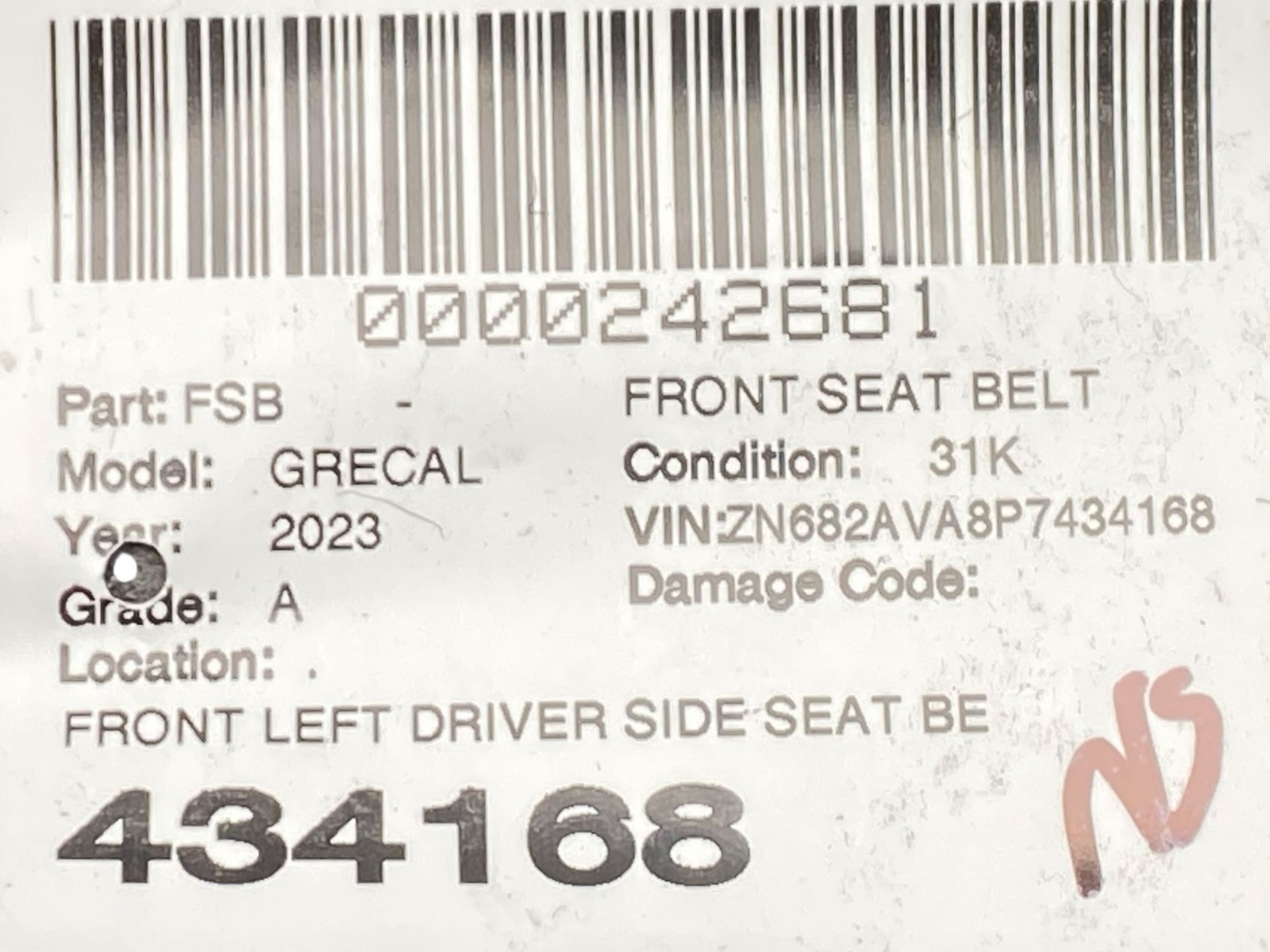 2023 MASERATI GRECALE M182 OEM FRONT LEFT DRIVER SEAT BELT PRETENSIONER ASSEMBLY