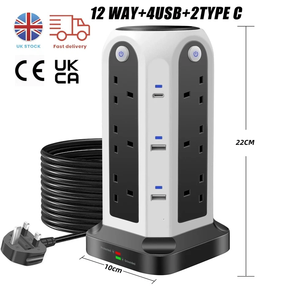 Extension 12 Way Tower Power Lead USB Multi Socket Surge Protected Socket UK - Image 3 of 4