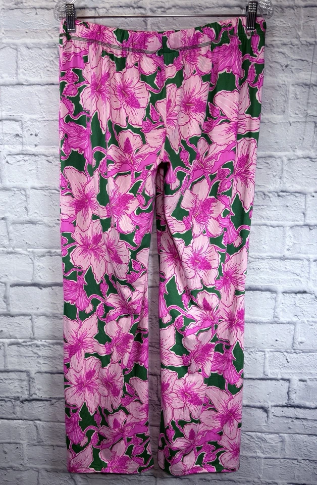 Lilly Pulitzer Knit Pants Medium Kelly Green Hibis Kiss Lounge Pink Hibiscus - Image 2 of 4