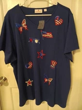 New~QUACKER FACTORY~navy~V-NECK~s/s~PATRIOTIC~embroidered & sequinned~TOP~2X