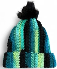 Crochet Ribbed Beanie With Faux Fur Pom Pom - Adult Size! Cyberleaf