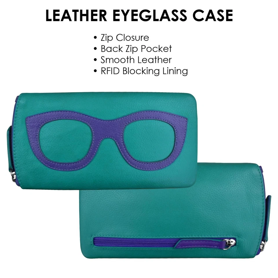 Estuche para gafas ili New York de cuero liso suave, cierre de cremallera con bloqueo RFID... Foto 4 de 4