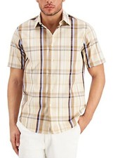 Tasso Elba Men's Beige Plaid Classic Fit Button Down Cotton Casual Shirt, XL