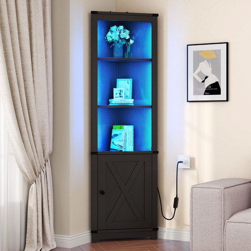 Farmhouse 5 Tier Tall Corner Cabinet with LED Light Barn Door Adjustable Shelf - Picture 12 of 22