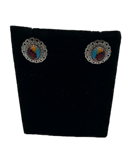 Vintage Sterling Silver Navajo Multicolored Turquoise Inlayed Earrings - Picture 2 of 9