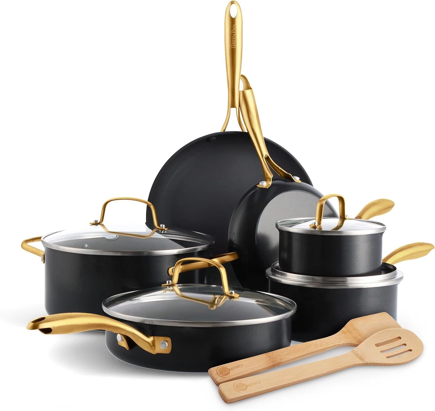 12-Piece Nonstick Cookware Set, Ceramic & Gold Handles, Oven & Dishwasher Safe