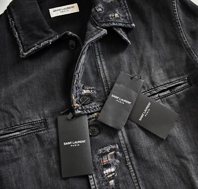 NEW SAINT LAURENT Black Denim DISTRESSED MILITARY Shirt
