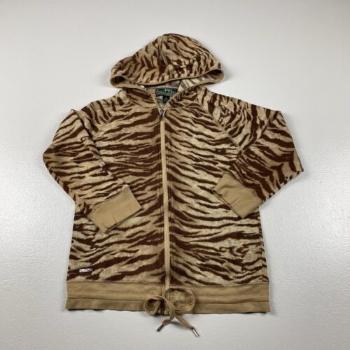 Lauren Ralph Lauren Hoodie Womens Medium Tan Brown Cotton Leopard Print Full Zip