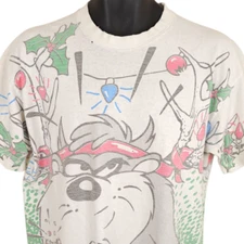 Vintage Taz Looney Tunes T Shirt Mens Size Large White 90s Christmas All Over