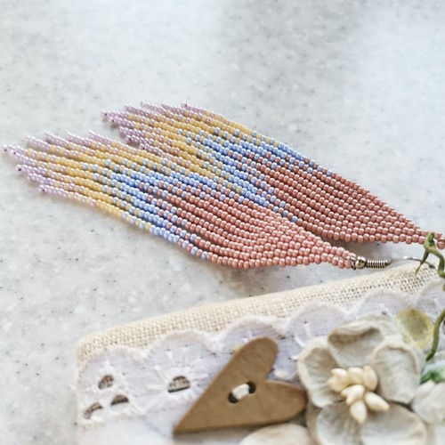 Gradient long seed bead fall fringe earrings, Beadweaving woman ombre jewelry - Picture 2 of 3