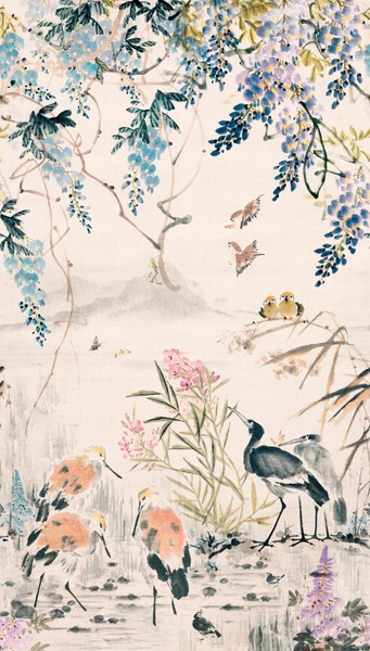 Grandeco Fototapete Vlies A52301 Garten Japan VöGel Rosa Blau Lila (10,10€/1Qm)-image