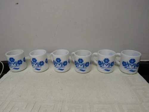 5 Vintage HAZEL ATLAS Blue Cornflower White Milk Glass Tea/Coffee Mugs