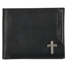 Genuine Premium Full Grain Leather RFID Blocking Silver Engraved Cross Wallet