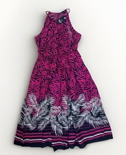 Nautica Women Rose Pink Floral Tiered Halter Sundress M Midi Elastic Waist