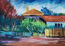 Pastel Landscape with Cottage, Red Roof, and Garden Fence – 25x35 cm