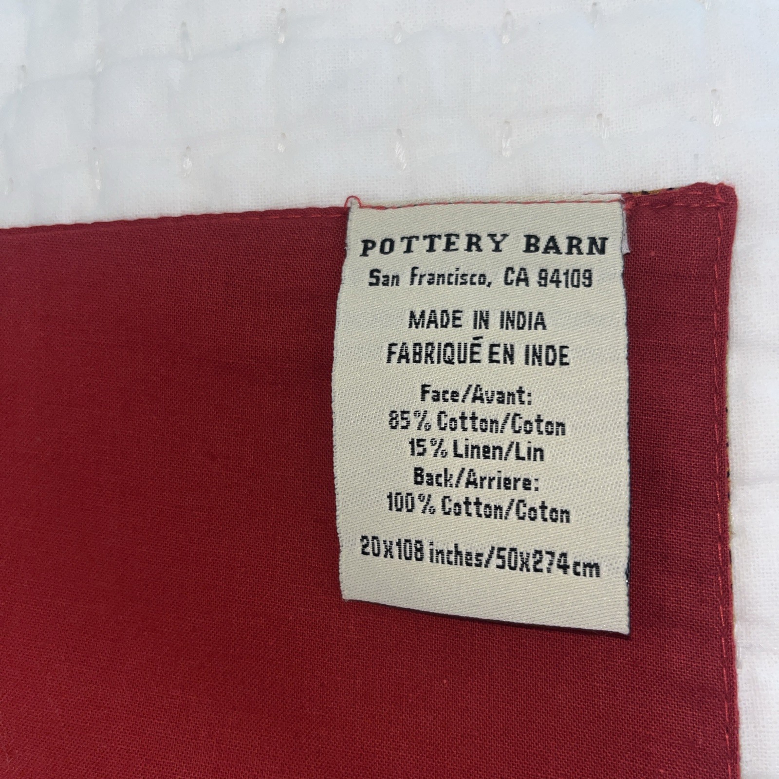 POTTERY BARN Red/Green/Yellow Cotton Table Runner 20x108" Large Beautiful