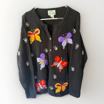 Vintage Quacker Factory Butterfly Cardigan Sweater Embroidered Colorful Large
