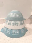 VTG Pyrex Amish Butterprint Cinderella Mixing Bowls 442-444 Set of 3 Blue READ
