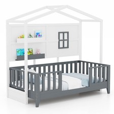 Single Kids House Shaped Bed Wooden Slatted Playhouse Bed w/ Window & Fence